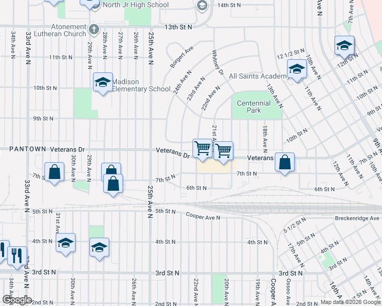 map of restaurants, bars, coffee shops, grocery stores, and more near 2209 Veterans Drive in St. Cloud