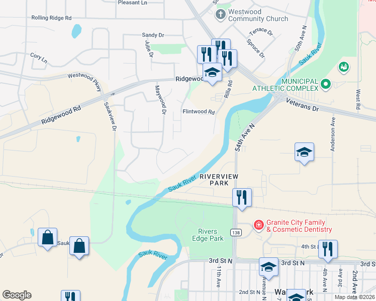 map of restaurants, bars, coffee shops, grocery stores, and more near 604 Pebble Creek Drive in St. Cloud
