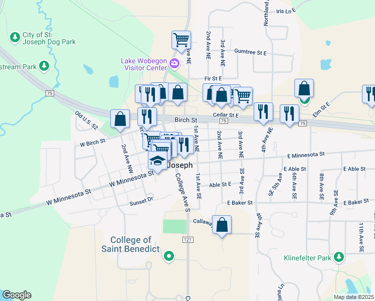 map of restaurants, bars, coffee shops, grocery stores, and more near 30 Ash Street East in Saint Joseph