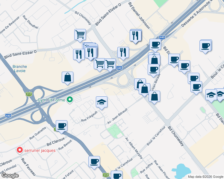 map of restaurants, bars, coffee shops, grocery stores, and more near 3659 Avenue Jean-Béraud in Laval