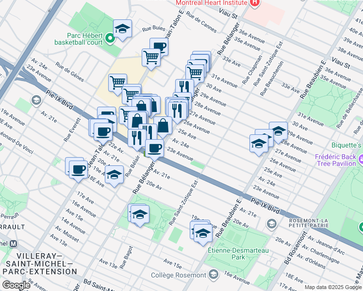 map of restaurants, bars, coffee shops, grocery stores, and more near 6870 24e Avenue in Montreal