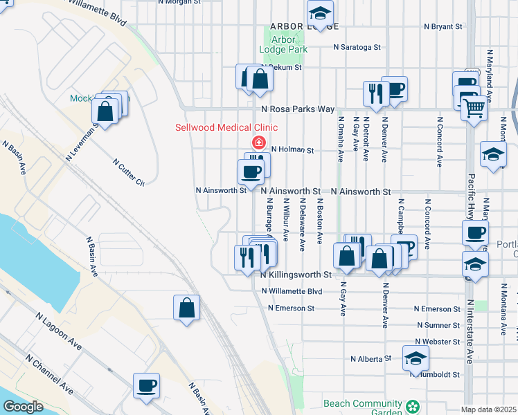 map of restaurants, bars, coffee shops, grocery stores, and more near 5824 North Greeley Avenue in Portland