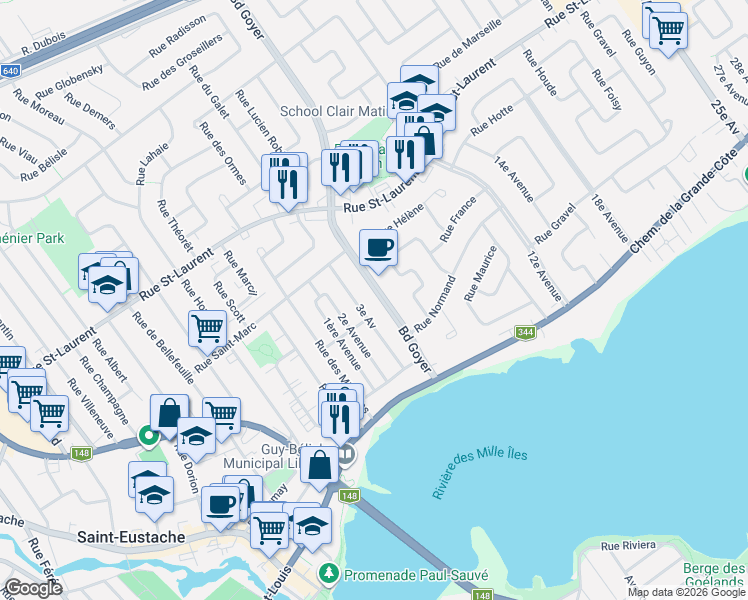 map of restaurants, bars, coffee shops, grocery stores, and more near 164 Boulevard Goyer in Saint-Eustache