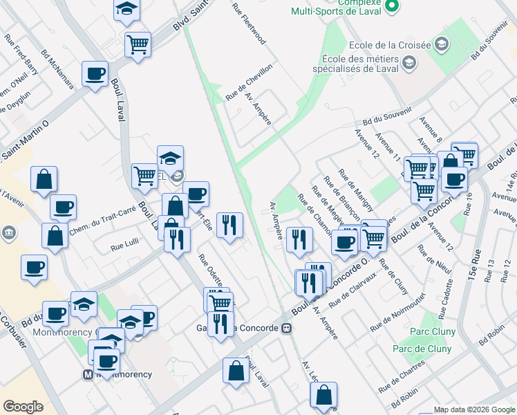 map of restaurants, bars, coffee shops, grocery stores, and more near 714 Avenue Ampère in Laval