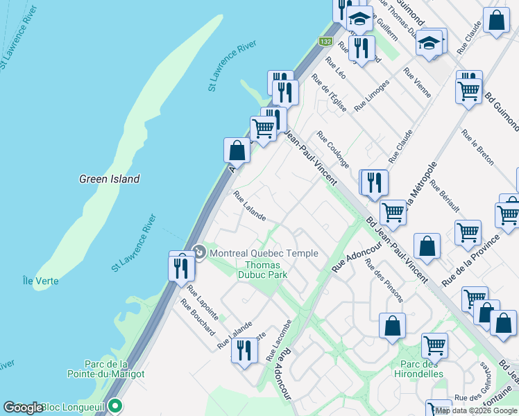 map of restaurants, bars, coffee shops, grocery stores, and more near 119 Rue Lalande in Longueuil