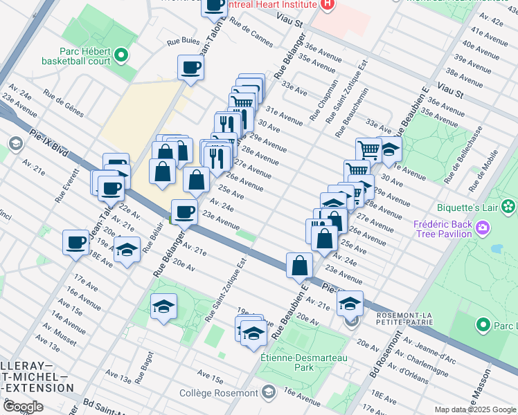 map of restaurants, bars, coffee shops, grocery stores, and more near 6740 25e Avenue in Montreal