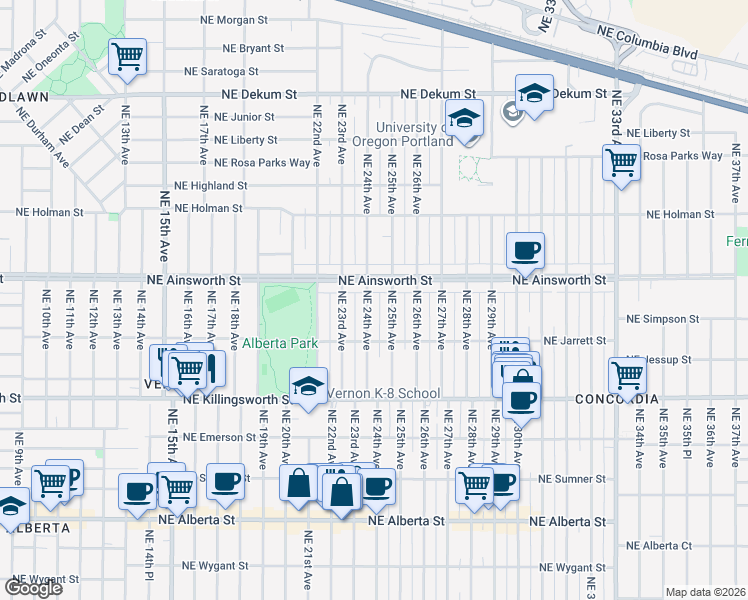 map of restaurants, bars, coffee shops, grocery stores, and more near 5926 Northeast 24th Avenue in Portland