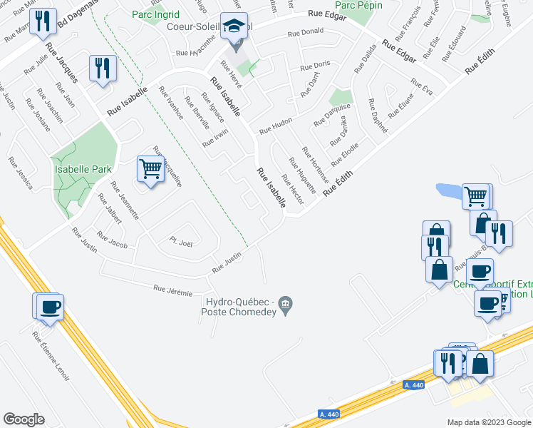 map of restaurants, bars, coffee shops, grocery stores, and more near 295 Rue Imelda in Laval