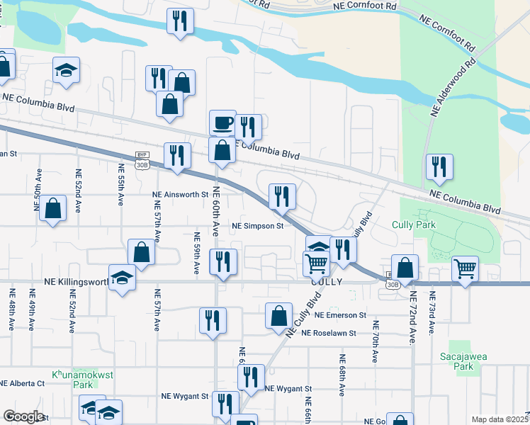 map of restaurants, bars, coffee shops, grocery stores, and more near 6315 Northeast Simpson Street in Portland