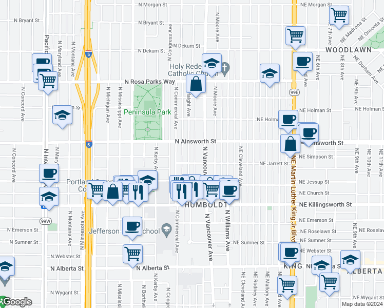 map of restaurants, bars, coffee shops, grocery stores, and more near 5810 North Haight Avenue in Portland