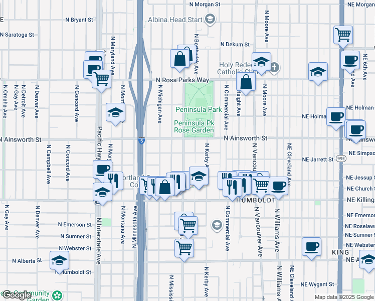 map of restaurants, bars, coffee shops, grocery stores, and more near 724 North Simpson Street in Portland