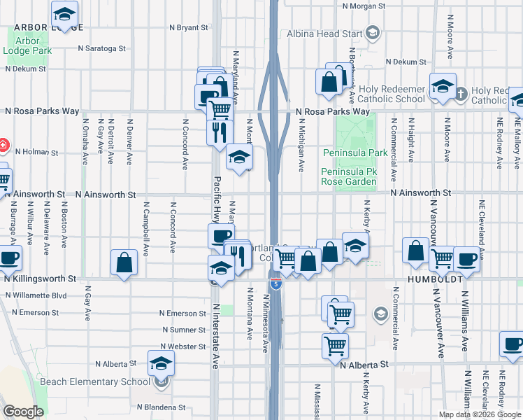 map of restaurants, bars, coffee shops, grocery stores, and more near in Portland