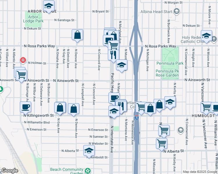 map of restaurants, bars, coffee shops, grocery stores, and more near 5902 North Interstate Avenue in Portland