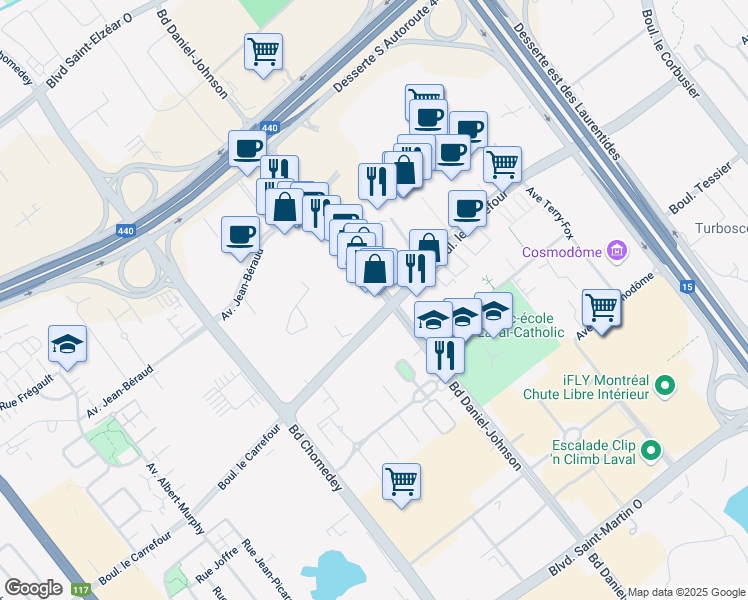 map of restaurants, bars, coffee shops, grocery stores, and more near 2520 Boulevard Daniel-Johnson in Laval
