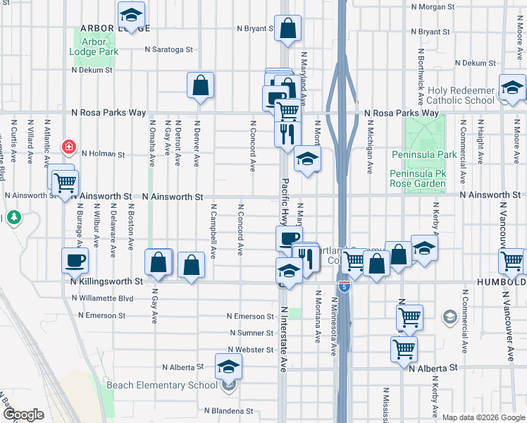 map of restaurants, bars, coffee shops, grocery stores, and more near 1553 North Simpson Street in Portland