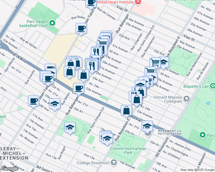 map of restaurants, bars, coffee shops, grocery stores, and more near 6750 25e Avenue in Montréal