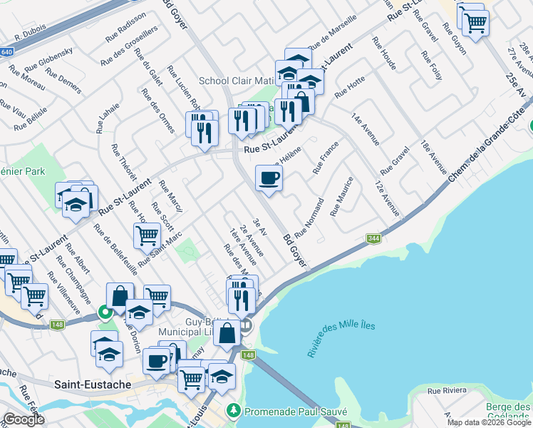 map of restaurants, bars, coffee shops, grocery stores, and more near 164 Boulevard Goyer in Saint-Eustache