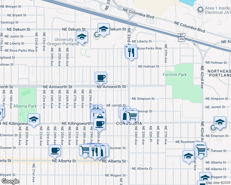 map of restaurants, bars, coffee shops, grocery stores, and more near 5926 Northeast 32nd Avenue in Portland