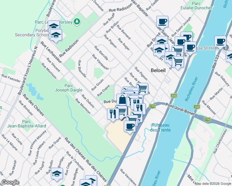 map of restaurants, bars, coffee shops, grocery stores, and more near 321 Rue de Bromont in Beloeil