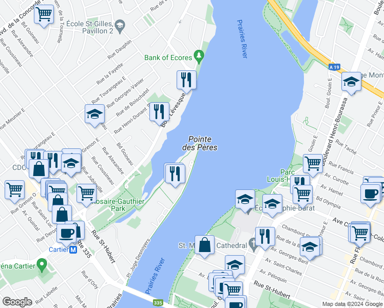 map of restaurants, bars, coffee shops, grocery stores, and more near 600 Place Juge Desnoyers in Laval