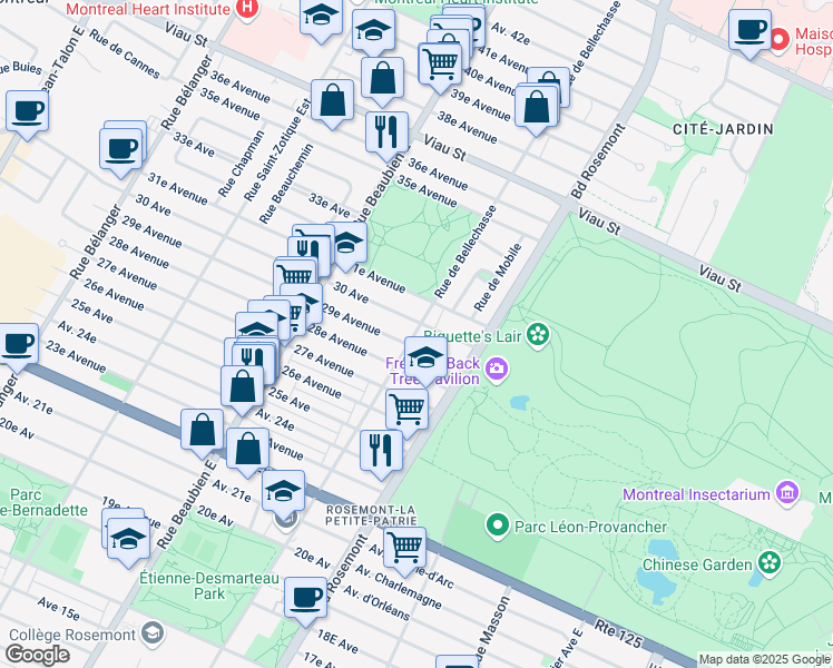 map of restaurants, bars, coffee shops, grocery stores, and more near 4530 Rue de Bellechasse in Montreal