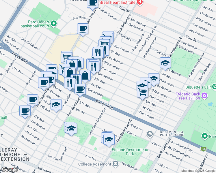 map of restaurants, bars, coffee shops, grocery stores, and more near 6760 25e Avenue in Montréal