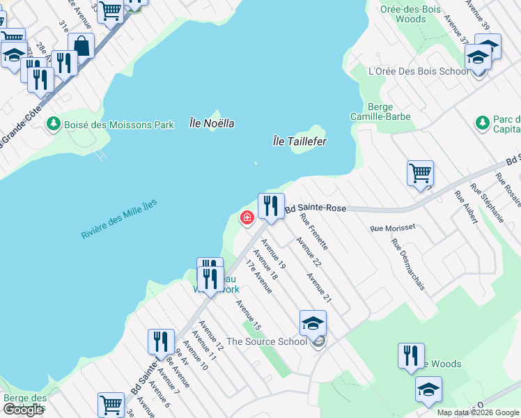 map of restaurants, bars, coffee shops, grocery stores, and more near 4487 Boulevard Sainte-Rose in Laval