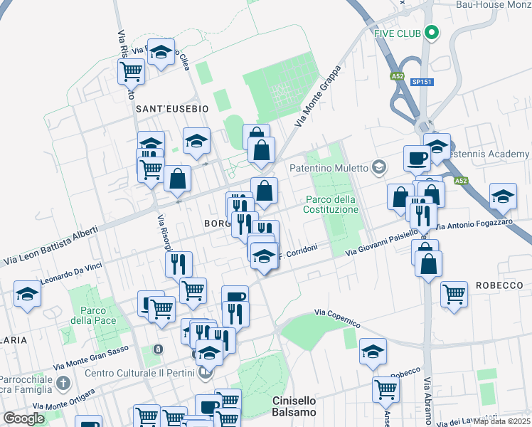 map of restaurants, bars, coffee shops, grocery stores, and more near 1 Via Gioacchino Rossini in Cinisello Balsamo
