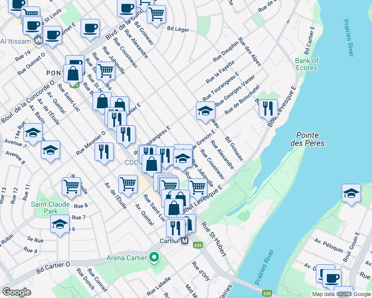 map of restaurants, bars, coffee shops, grocery stores, and more near 92 Rue Grenon Est in Laval