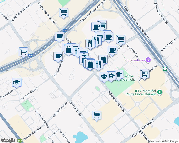 map of restaurants, bars, coffee shops, grocery stores, and more near 2520 Boulevard Daniel-Johnson in Laval