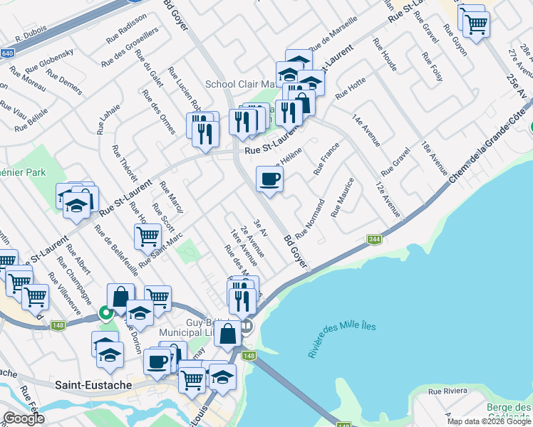 map of restaurants, bars, coffee shops, grocery stores, and more near 166 Boulevard Goyer in Saint-Eustache