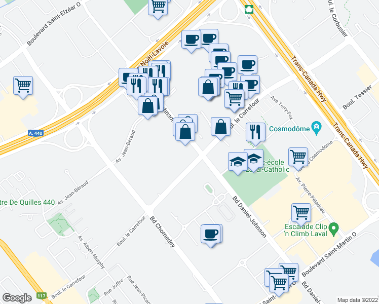 map of restaurants, bars, coffee shops, grocery stores, and more near 2500 Boulevard Daniel-Johnson in Laval