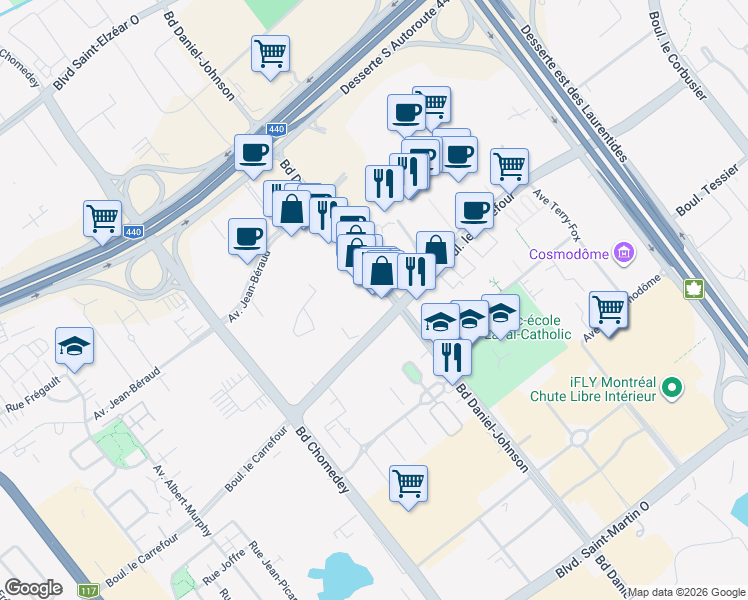 map of restaurants, bars, coffee shops, grocery stores, and more near 2500 Boulevard Daniel-Johnson in Laval