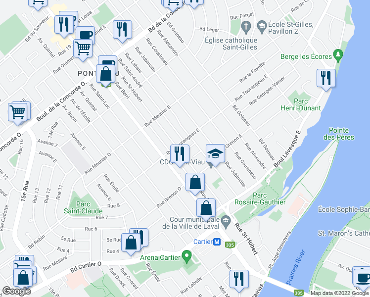 map of restaurants, bars, coffee shops, grocery stores, and more near 62 Rue de Beaune in Laval