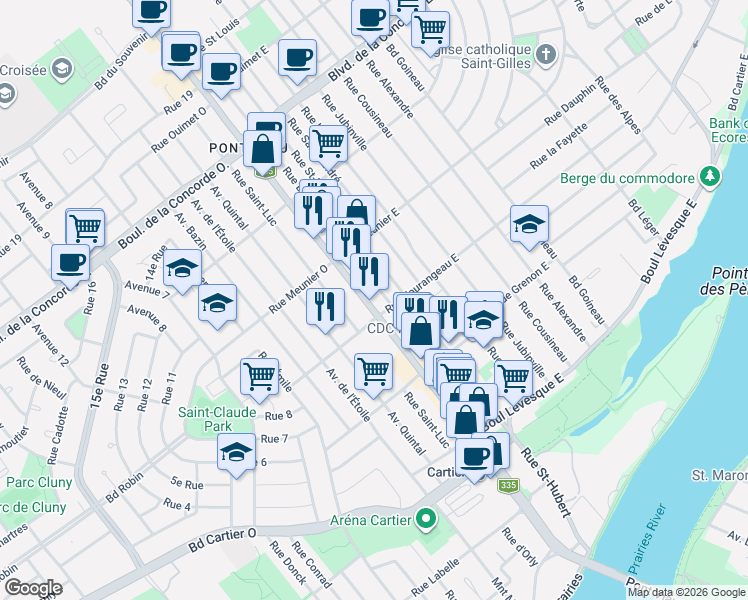 map of restaurants, bars, coffee shops, grocery stores, and more near 205 Boulevard des Laurentides in Laval