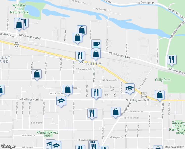 map of restaurants, bars, coffee shops, grocery stores, and more near 5947 Northeast 60th Avenue in Portland