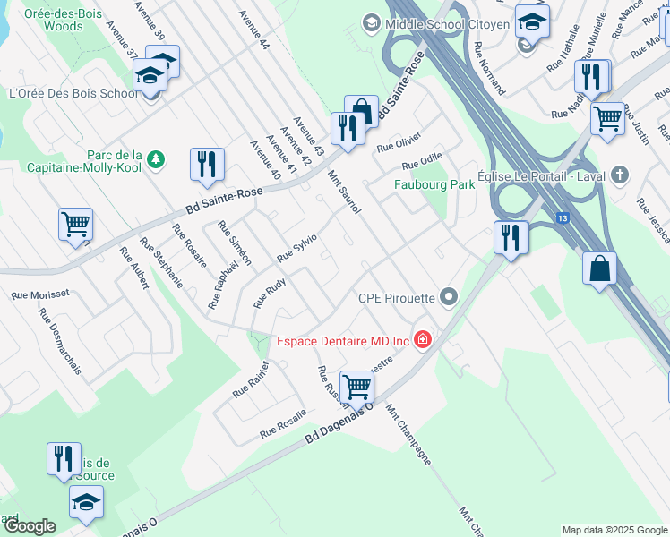 map of restaurants, bars, coffee shops, grocery stores, and more near 806 Rue Sara in Laval