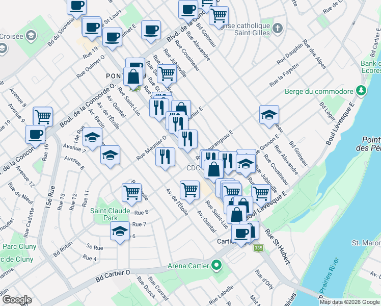map of restaurants, bars, coffee shops, grocery stores, and more near 205 Boulevard des Laurentides in Laval