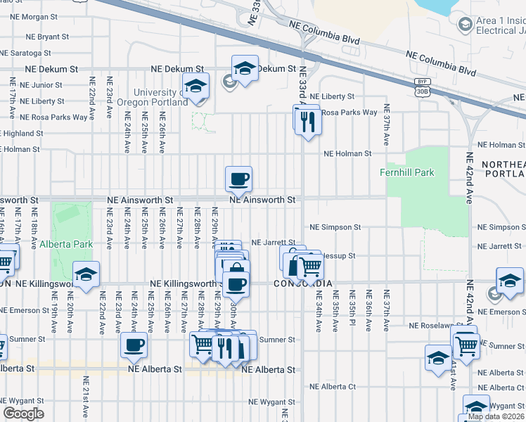 map of restaurants, bars, coffee shops, grocery stores, and more near 5908 Northeast 32nd Avenue in Portland