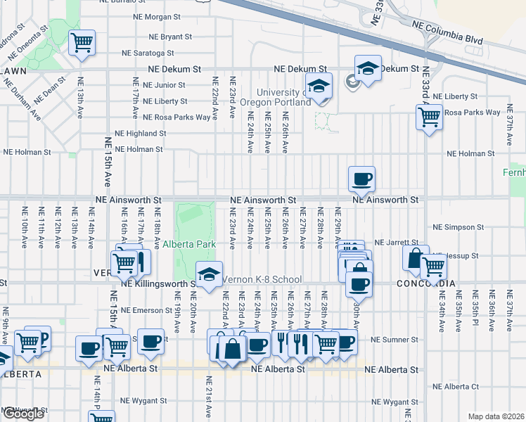 map of restaurants, bars, coffee shops, grocery stores, and more near 5916 Northeast 25th Avenue in Portland