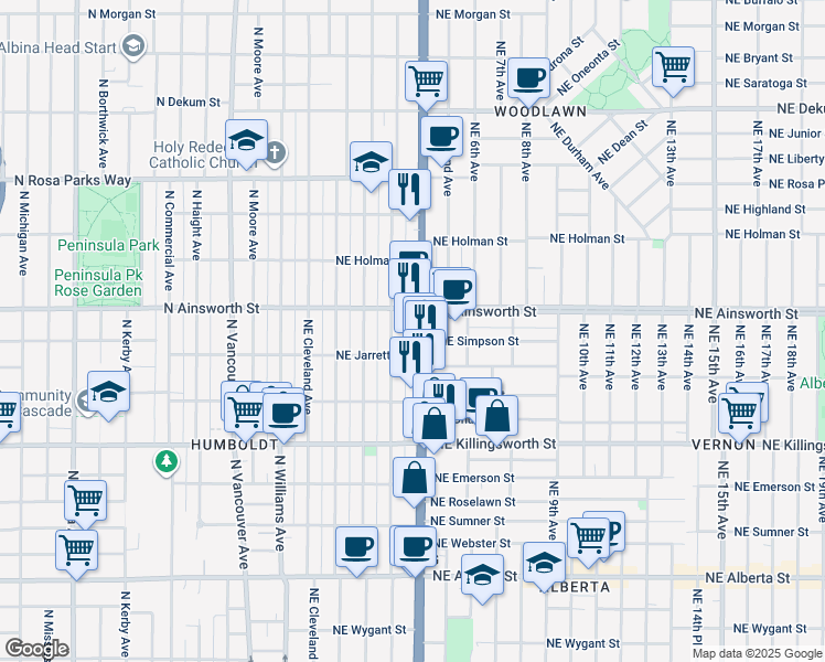 map of restaurants, bars, coffee shops, grocery stores, and more near 5824 Northeast Garfield Avenue in Portland