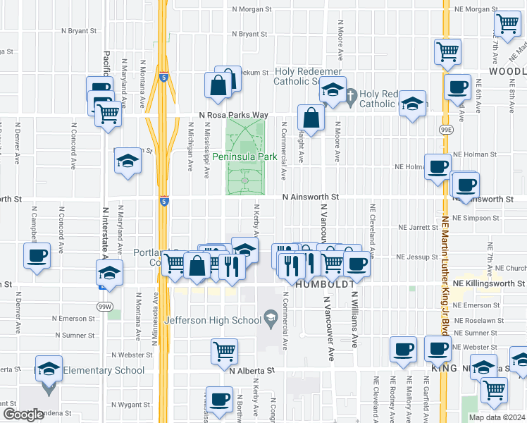 map of restaurants, bars, coffee shops, grocery stores, and more near 5835 North Kerby Avenue in Portland