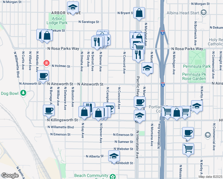 map of restaurants, bars, coffee shops, grocery stores, and more near 5841 North Campbell Avenue in Portland