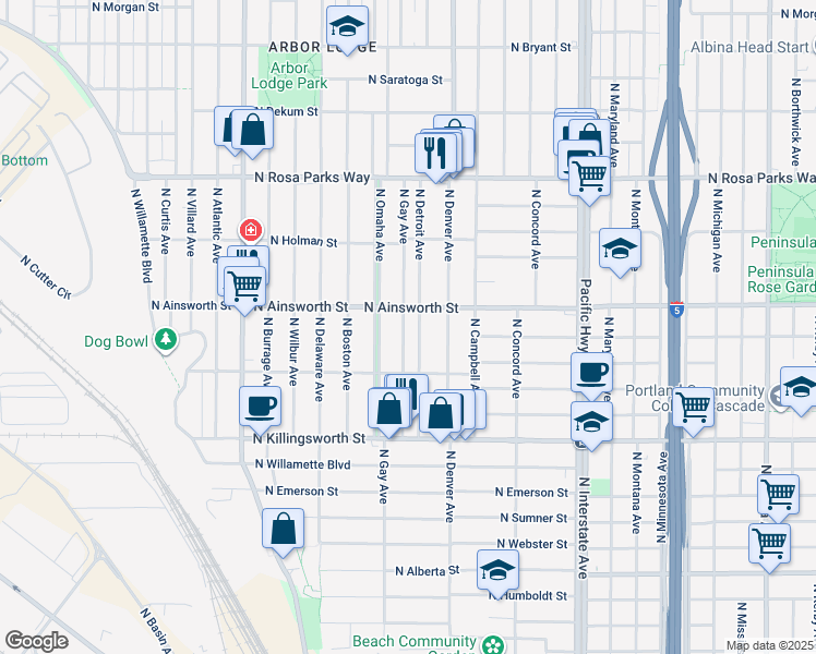map of restaurants, bars, coffee shops, grocery stores, and more near 5825 North Gay Avenue in Portland