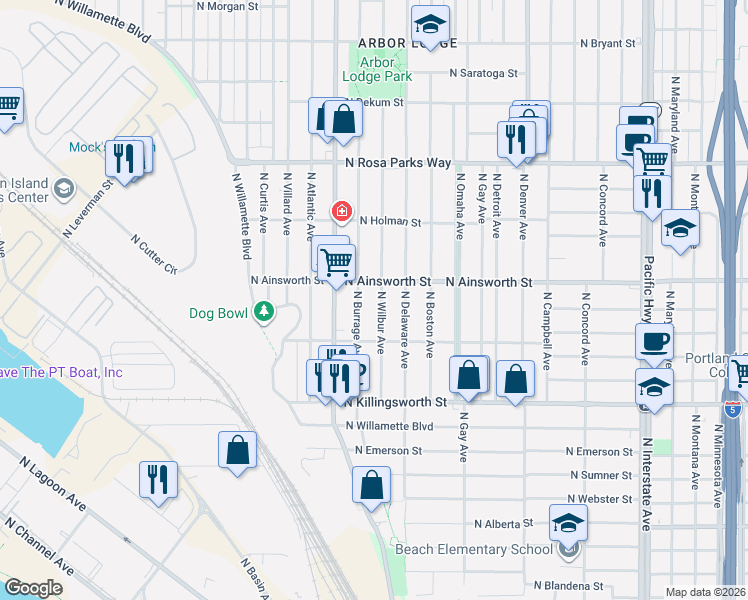 map of restaurants, bars, coffee shops, grocery stores, and more near 5815 North Wilbur Avenue in Portland