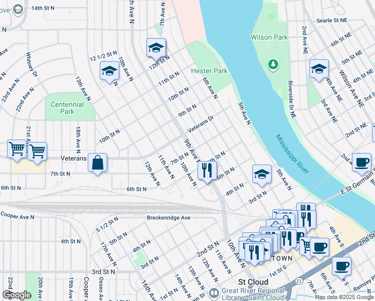 map of restaurants, bars, coffee shops, grocery stores, and more near 627 9th Avenue North in St. Cloud