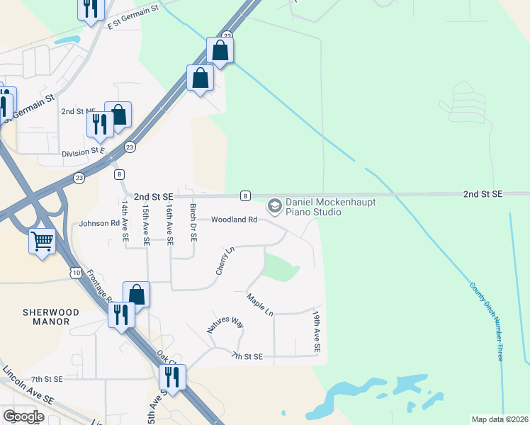 map of restaurants, bars, coffee shops, grocery stores, and more near 1735 Woodland Road in St. Cloud