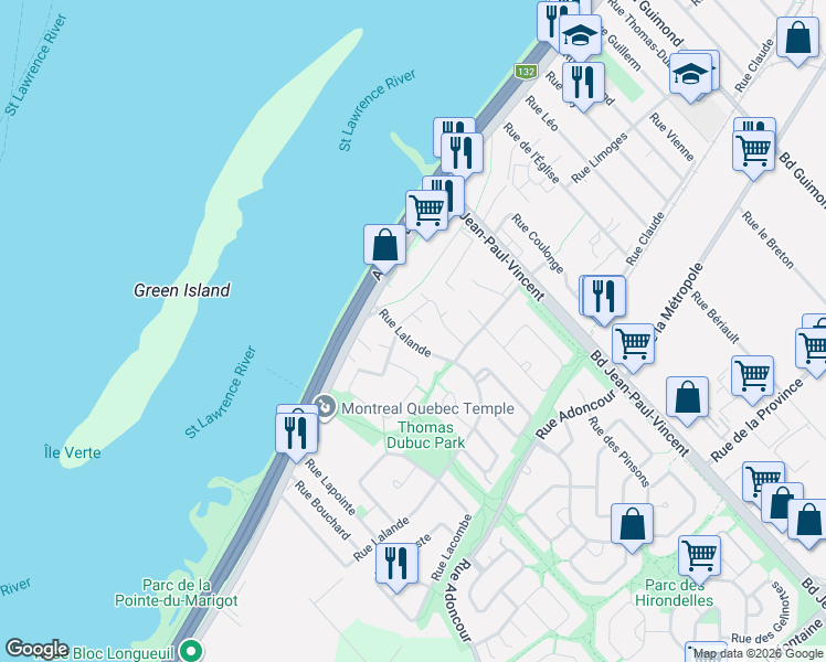 map of restaurants, bars, coffee shops, grocery stores, and more near 117 Rue Lalande in Longueuil