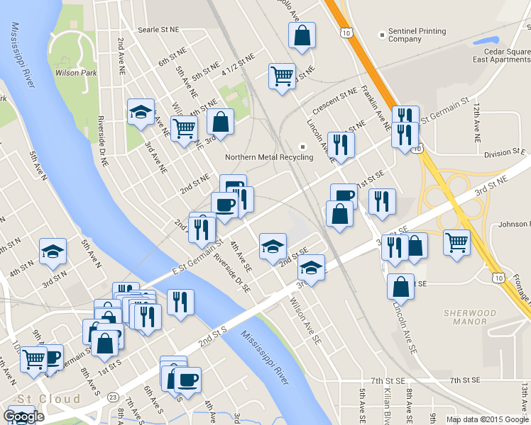 map of restaurants, bars, coffee shops, grocery stores, and more near 501 E St Germain St in St Cloud