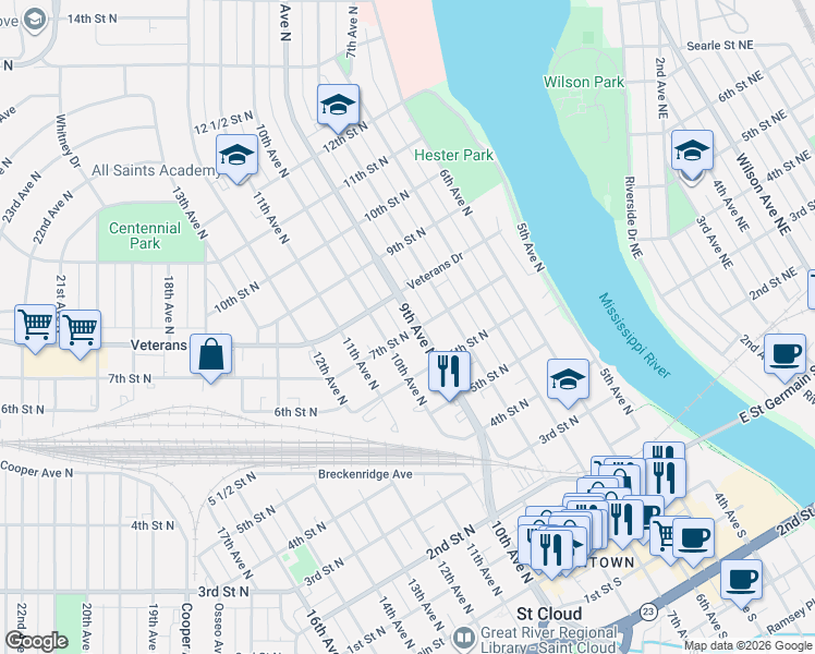 map of restaurants, bars, coffee shops, grocery stores, and more near 701 9th Avenue North in Saint Cloud